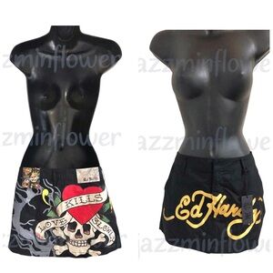 Ed Hardy black mini skirt with iconic gold monogram on back size medium new‎